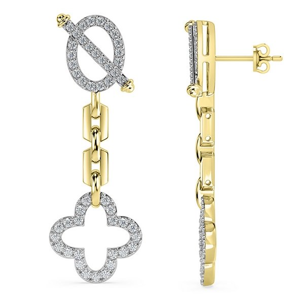 10K 0.48CT D-EARRING DANGLING RDS "FOUR LEAF FLOWER WITH PHI" MICRO PRONG