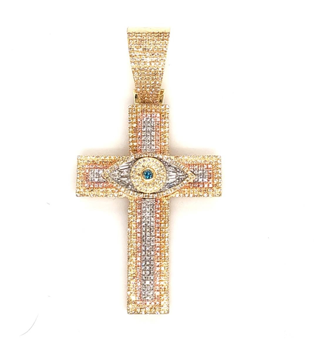 10K 0.88CT D-PENDANT MEN TPR/RDS "CROSS WITH EVIL EYE" RHODIUM